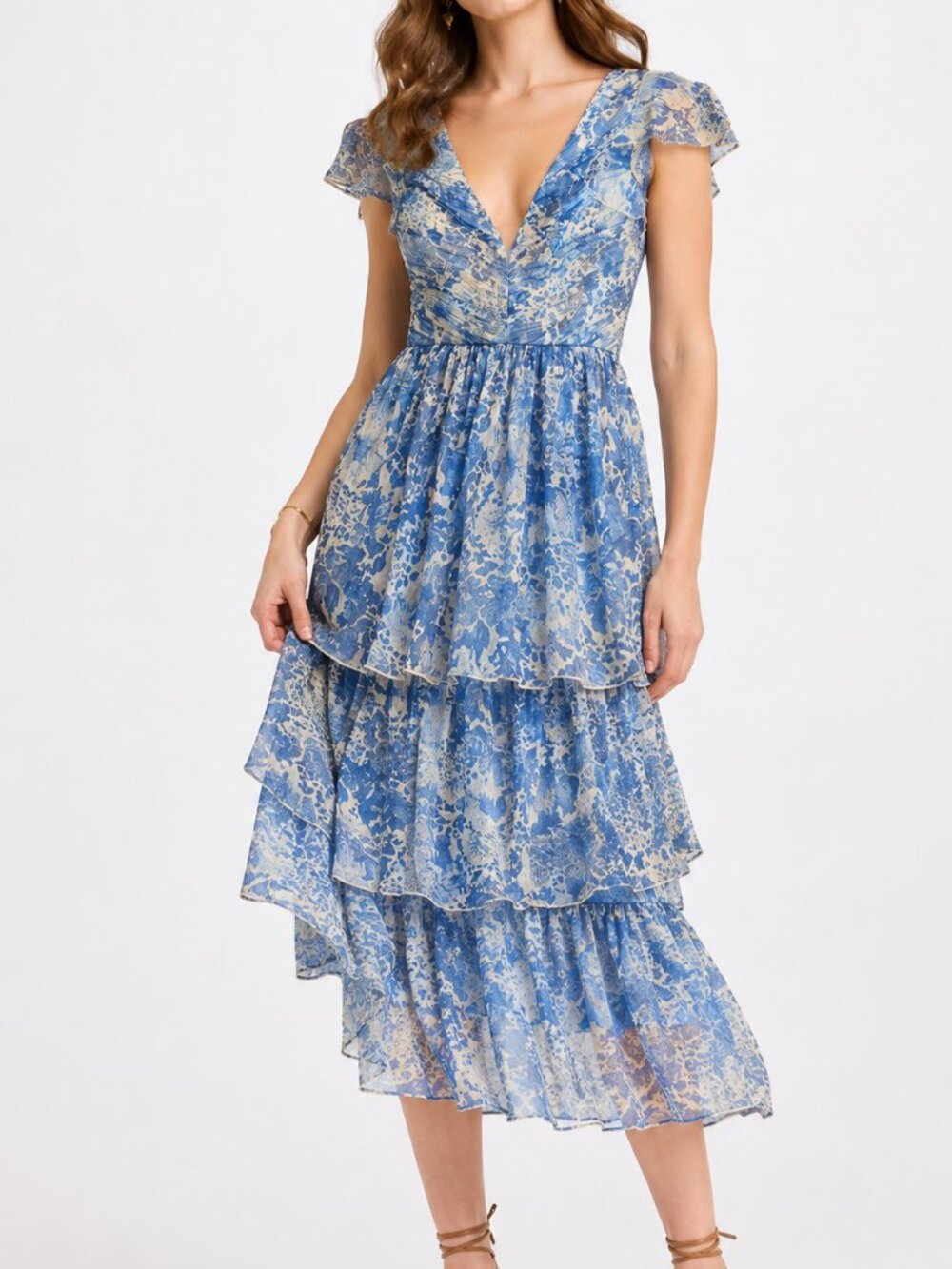 Minuet Blue Floral Tiered Maxi Dress Size S Romantic Boho